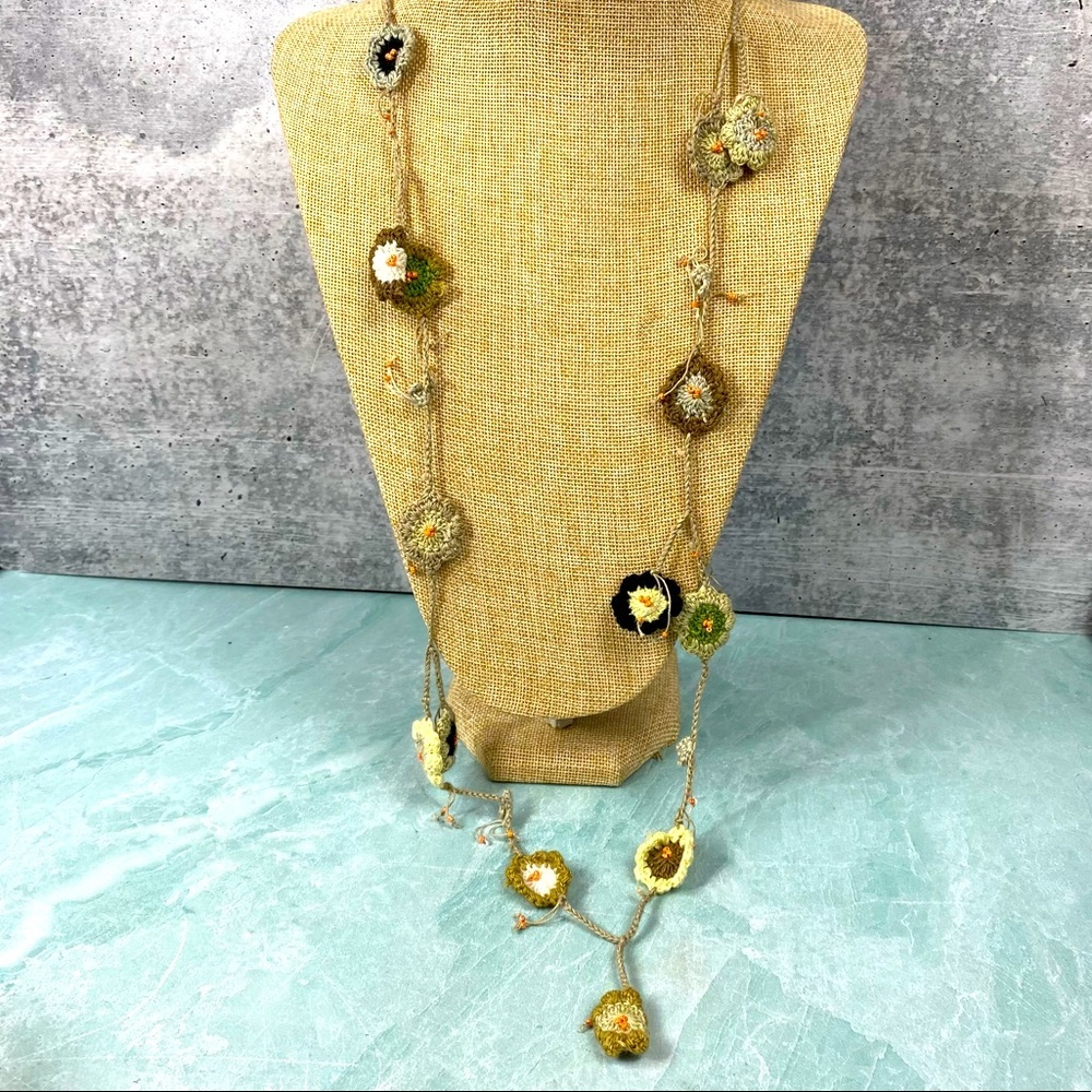 Elizabeth Gillett for Anthropologie crochet long necklace boho tan